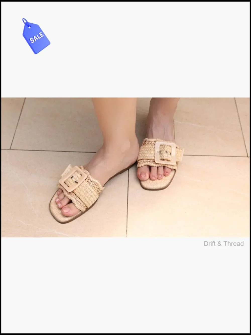 Woven Raffia Slide Sandals Square Toe Summer Beach Flat Slip On
